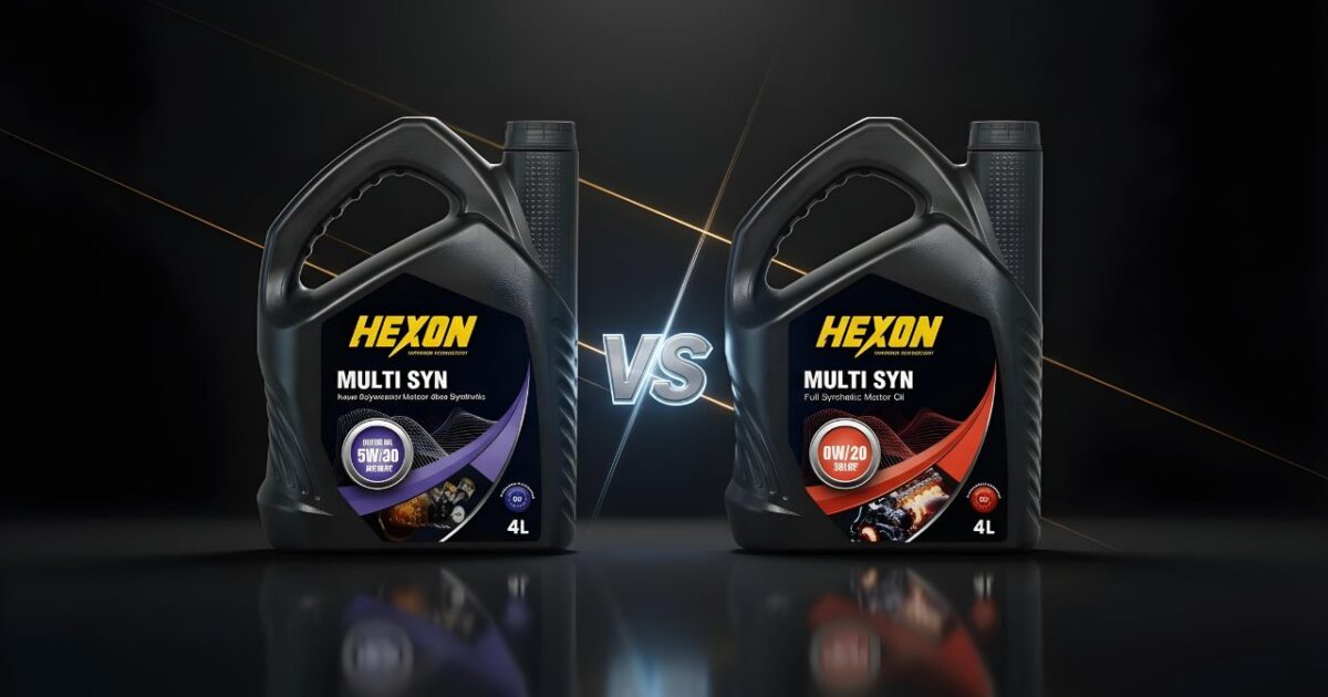 HEXON Multi SYN 5W-30 vs 0W-20 motor oil comparison bottles on dark luxury background