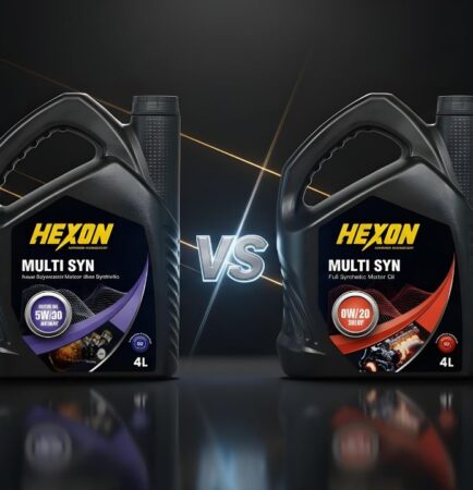 HEXON Multi SYN 5W-30 vs 0W-20 motor oil comparison bottles on dark luxury background