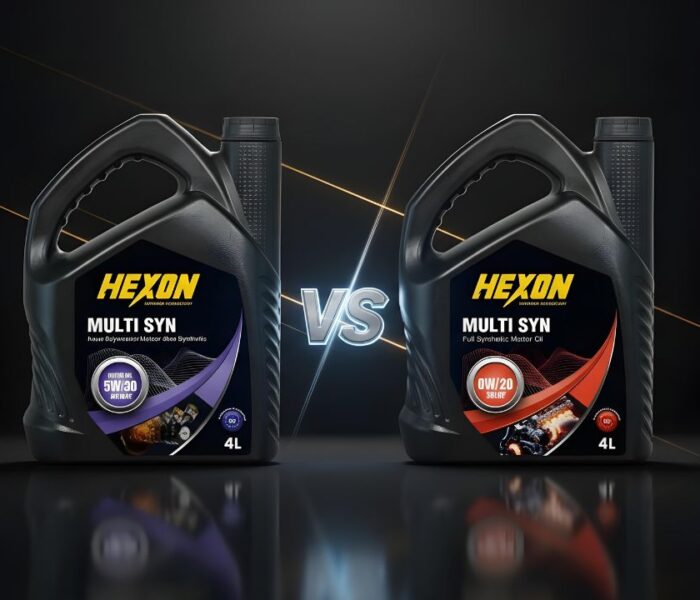 HEXON Multi SYN 5W-30 vs 0W-20 motor oil comparison bottles on dark luxury background