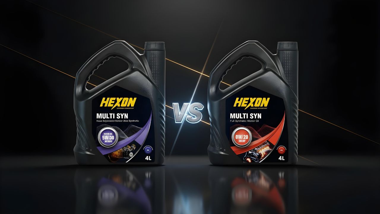 HEXON Multi SYN 5W-30 vs 0W-20 motor oil comparison bottles on dark luxury background
